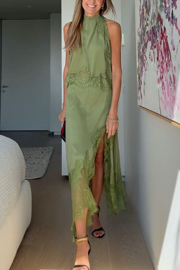 Conjunto de Top Plisado de Encaje + Falda con Abertura Irregular Isabella
