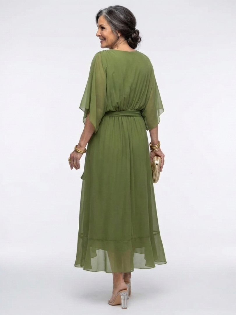 Elysia | Vestido Midi com Decote em V, Cintura Drapeada e Amarração