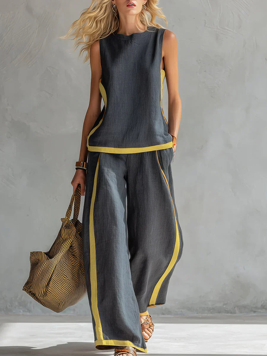 Ursula - Elegante conjunto informal de chaleco y pantalón con acabados bicolor