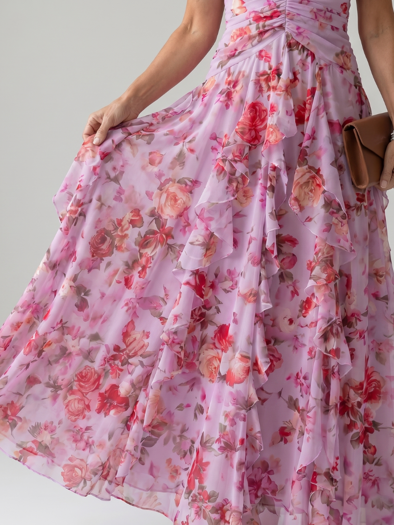 Nori | Abito lungo a fiori con scollo all'americana e corpetto arricciato