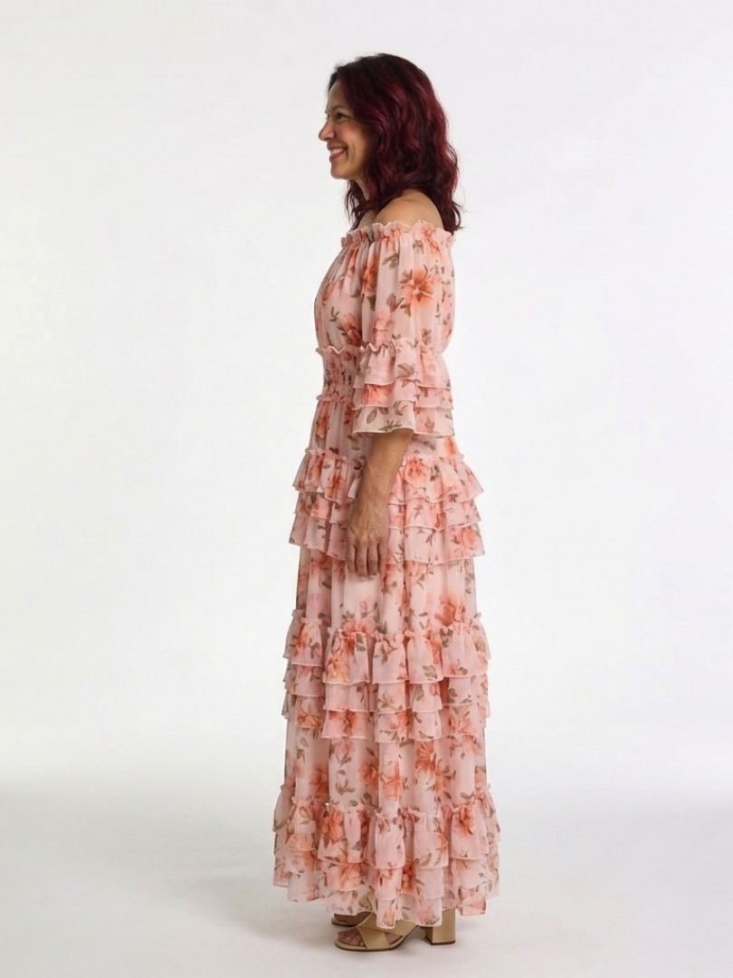 Rosalie | Vestido largo floral con volantes y capas de hombros descubiertos