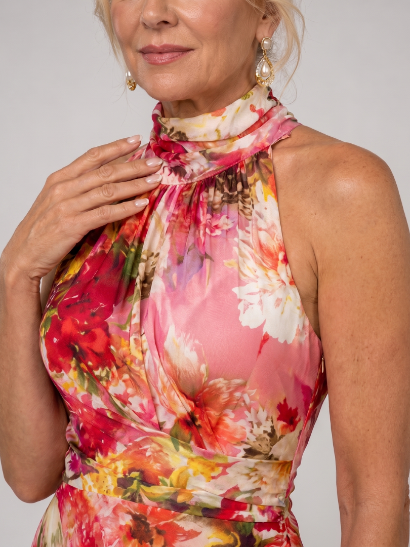 Elisabetta | Abito lungo con scollo all'americana e stampa floreale