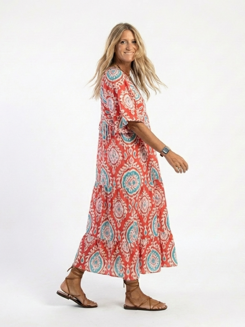 Zaria | Vestido midi de manga corta con estampado paisley y escote en V