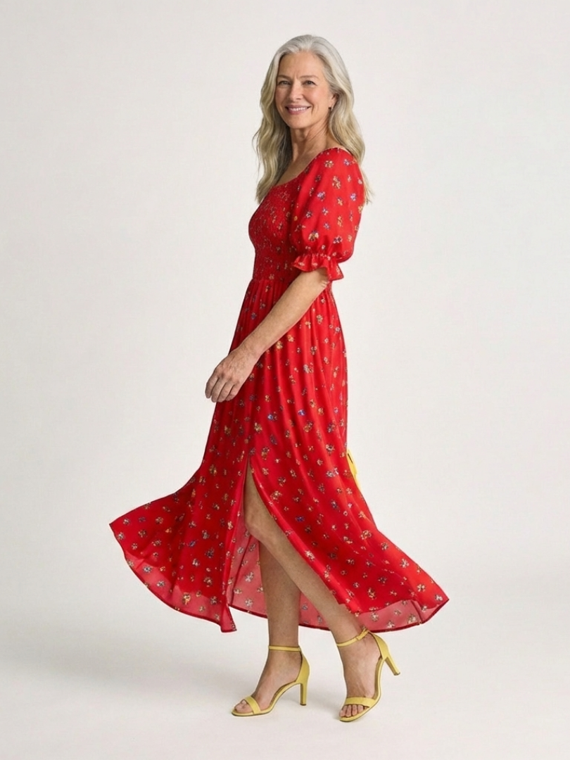 Delphine | Vestido midi floral com decote quadrado e mangas bufantes