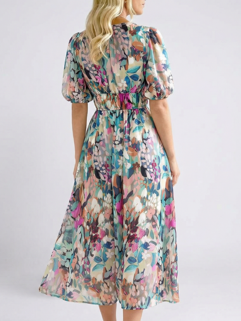 Eulalie | Vestido midi de manga corta, escote en V y cintura fruncida