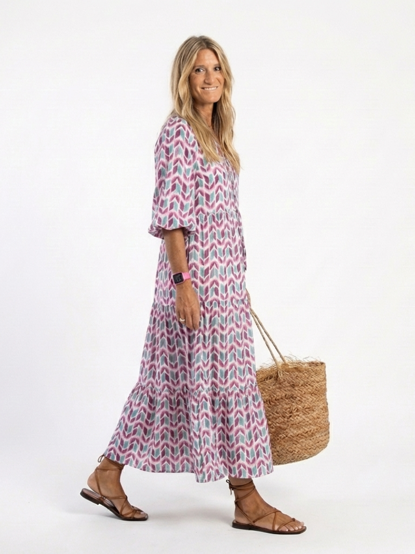 Mireya | Vestido Midi em Camadas com Estampa Geométrica e Manga Longa