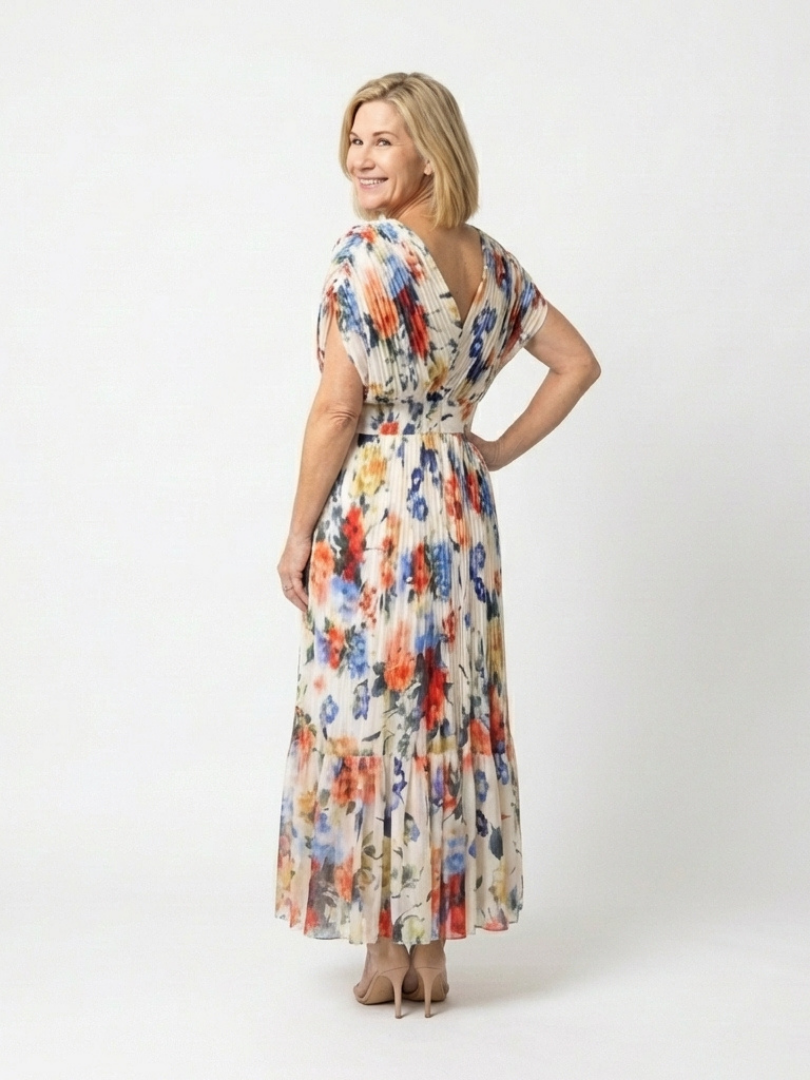 Savannah | Geplooide midi-jurk met korte mouwen en bloemenprint
