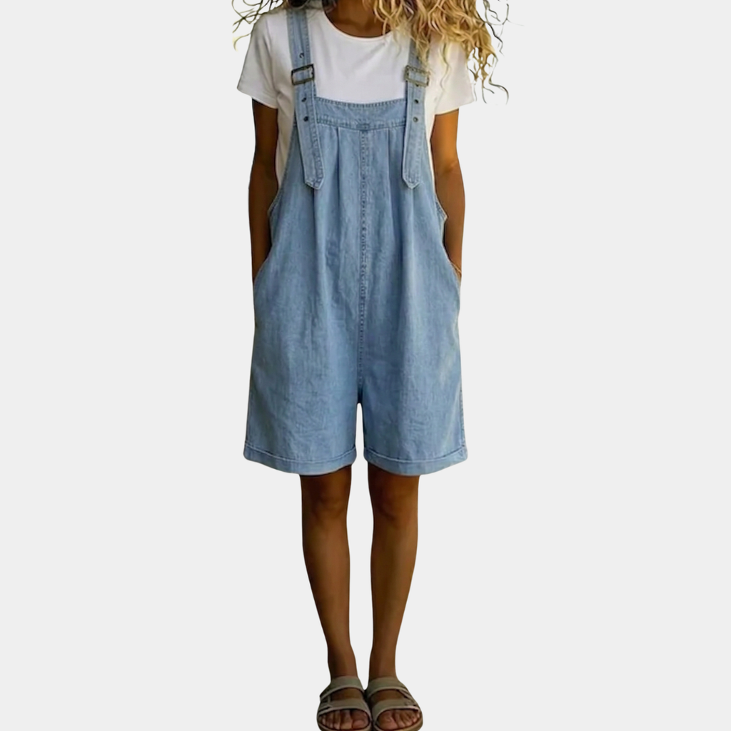 Clara | Vintage korte tuinbroek van zachte katoen met gewassen denimlook, lichtblauw