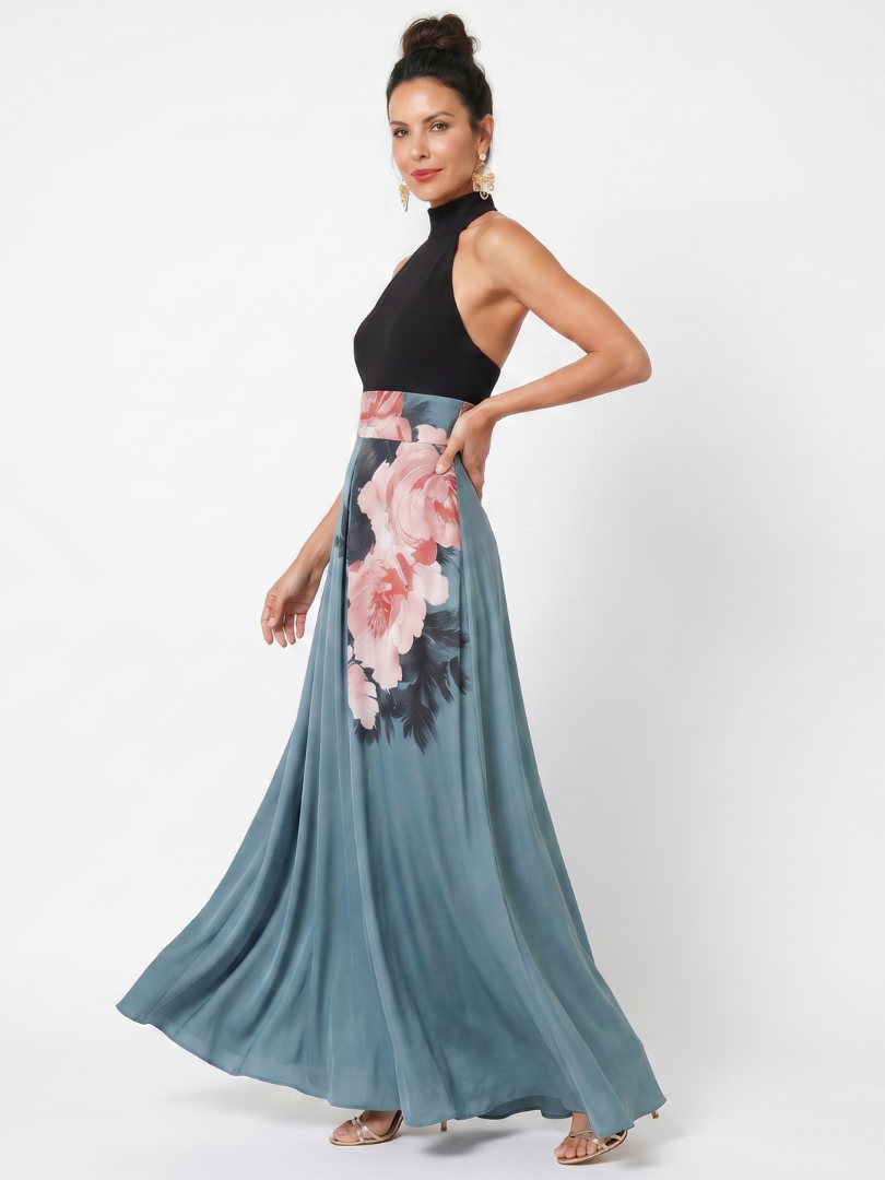 Olympas | Vestido longo com saia floral e corpete frente única