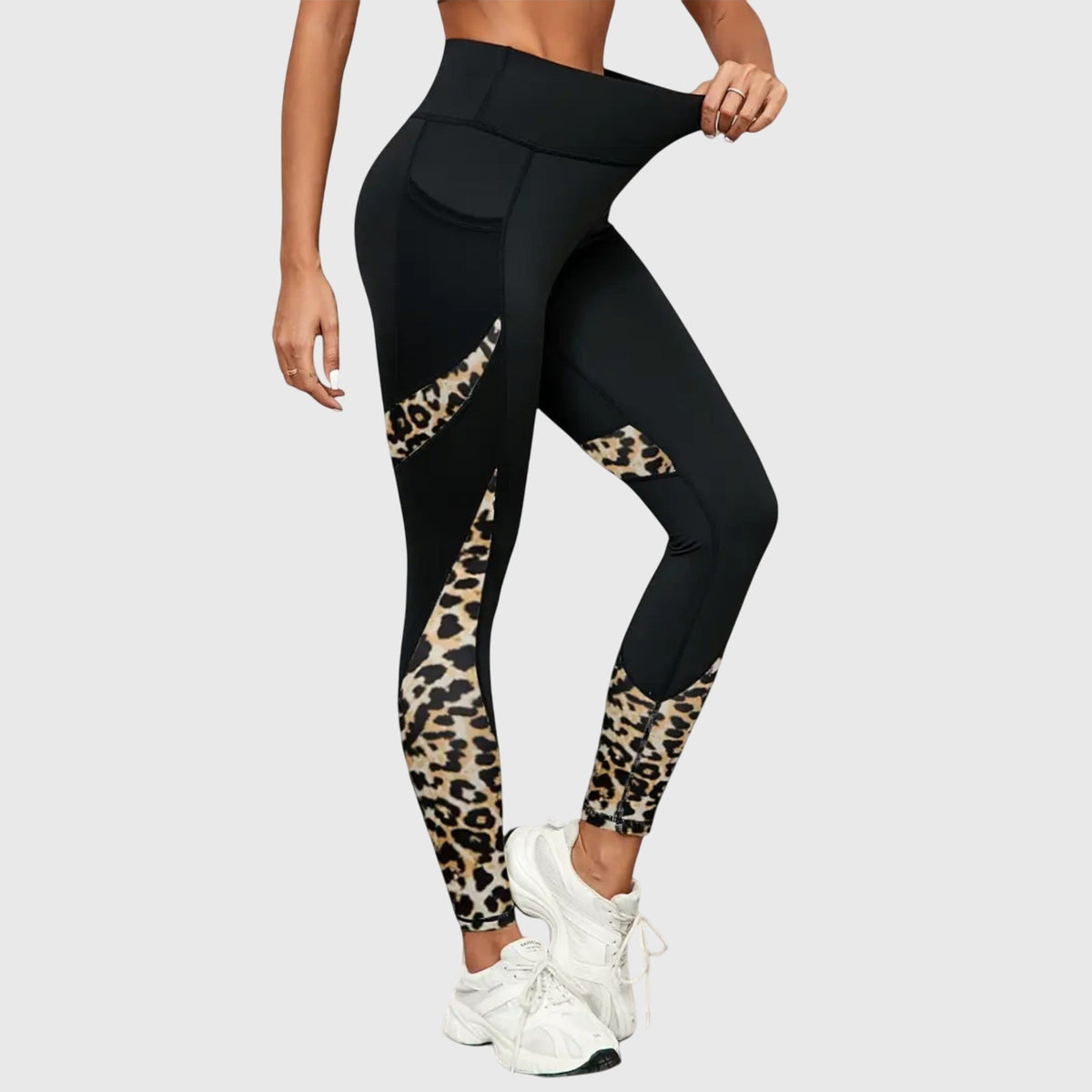 Calças de treino com estampa de leopardo e cintura alta