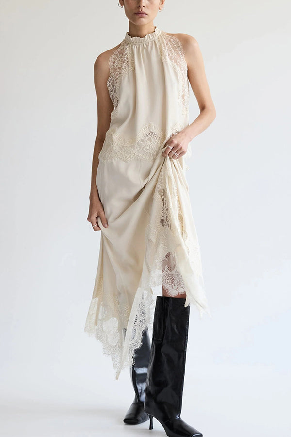 Conjunto de Top Plisado de Encaje + Falda con Abertura Irregular Isabella