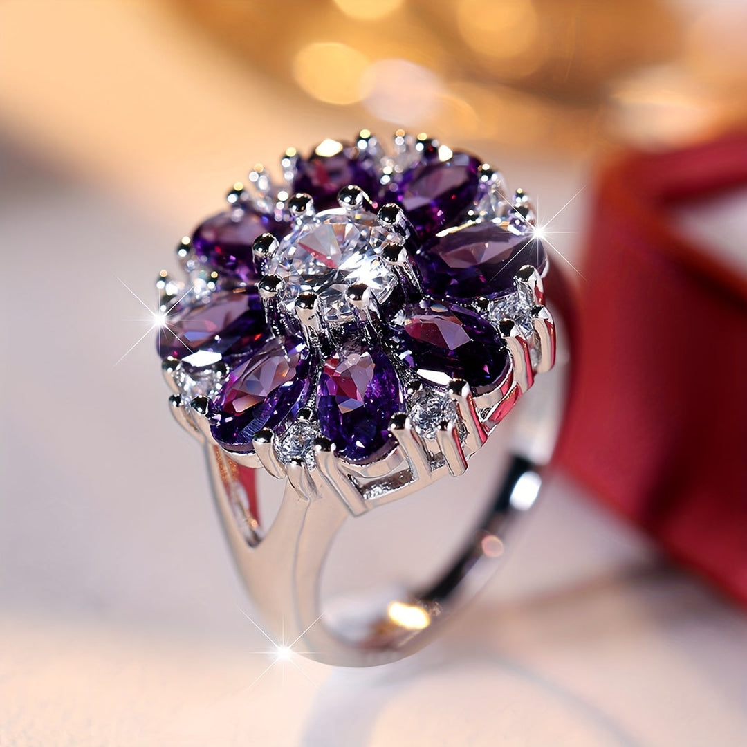 Elegant Stylish Purple Zirconia Flower Ring