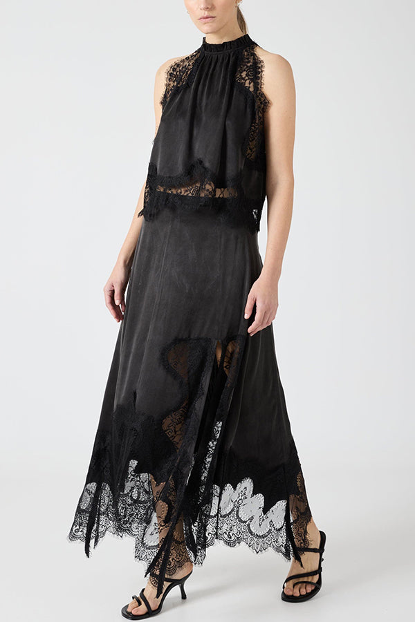 Conjunto de Top Plisado de Encaje + Falda con Abertura Irregular Isabella