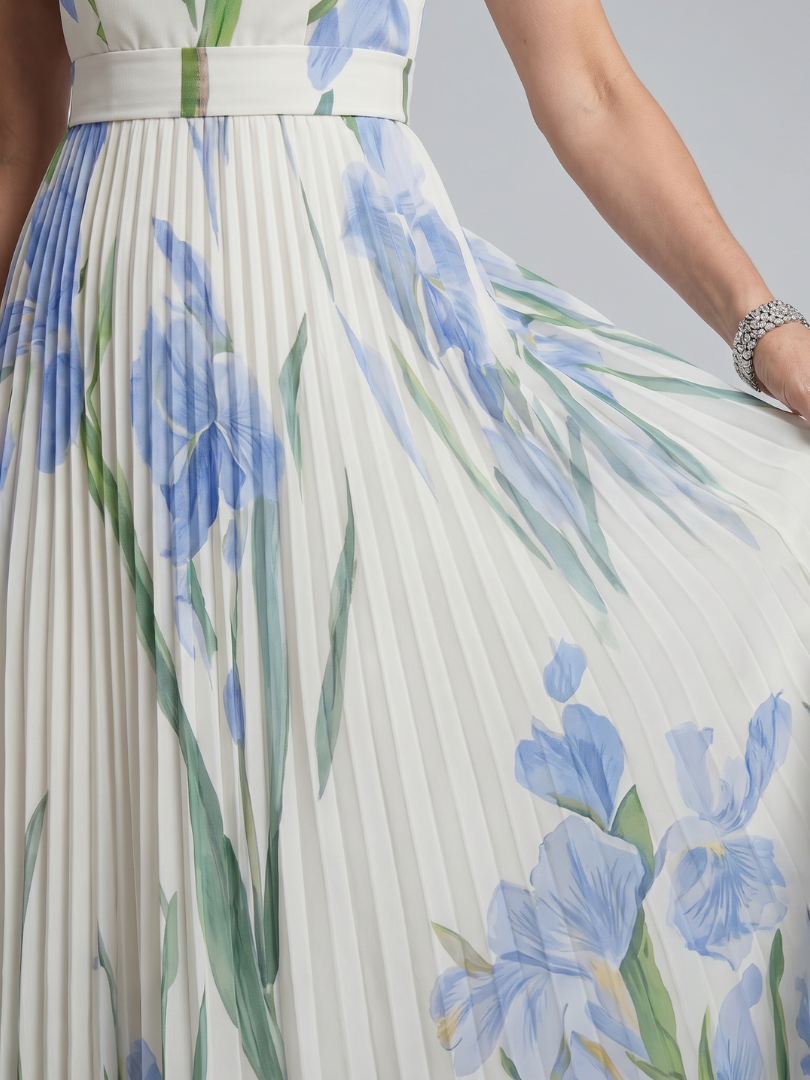 Ophelia | Vestido midi sem mangas com decote quadrado e estampa floral