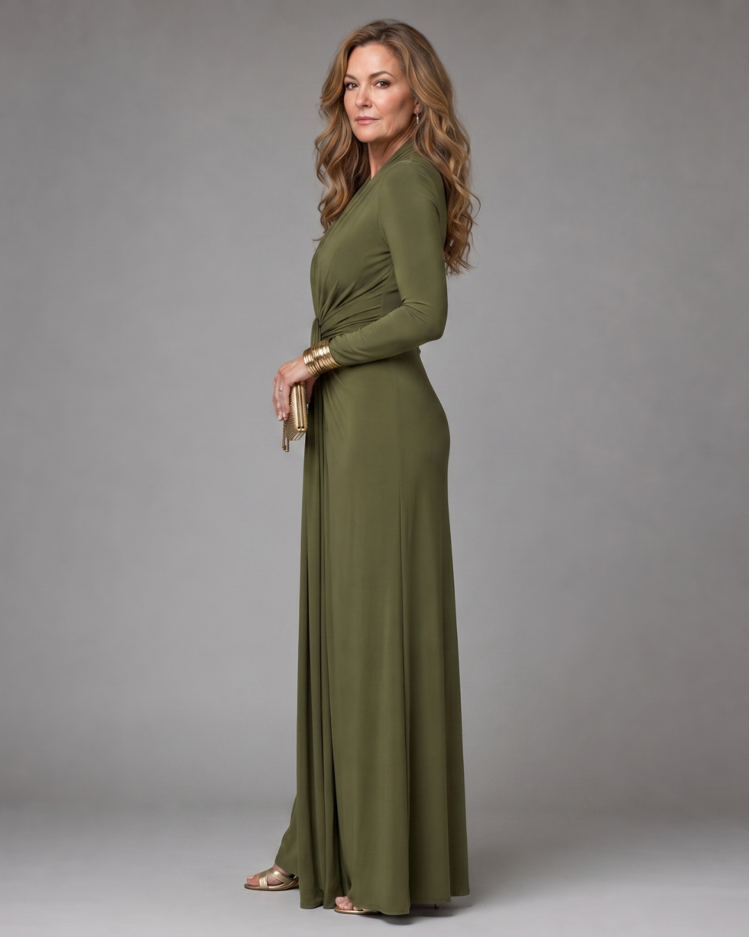 Vimmer | Vestido longo esvoaçante, com decote V profundo drapeado e mangas longas