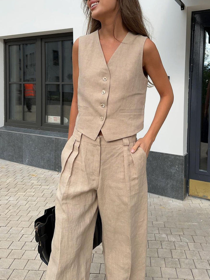 Conjunto de Pantalones Amplios Plisados con Escote en V Lila