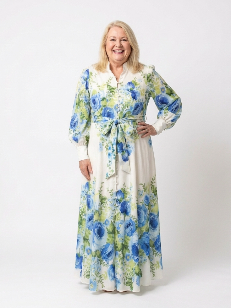 Harper | Vestido longo floral de mangas longas com botões frontais