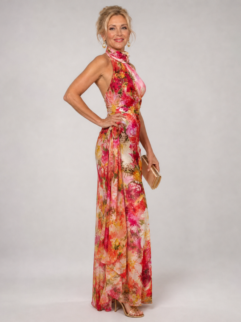 Elisabetta | Abito lungo con scollo all'americana e stampa floreale