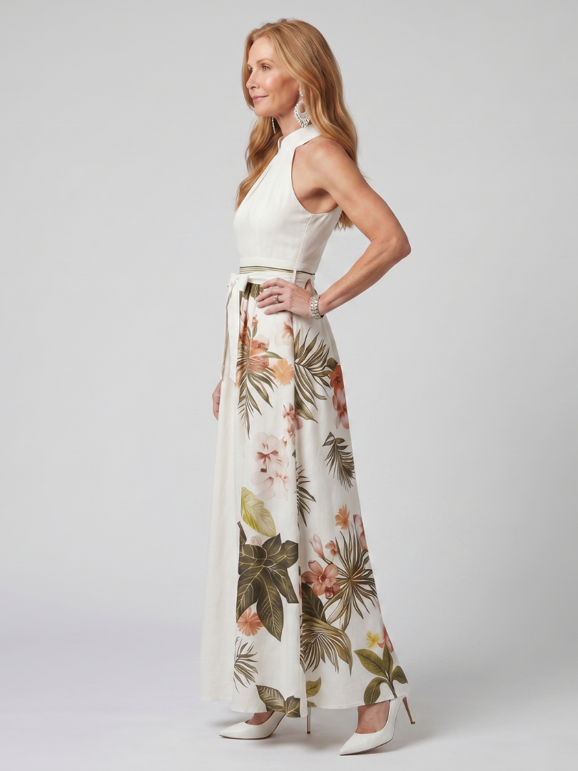 Meadow | Robe longue à panneaux botaniques drapés et licou