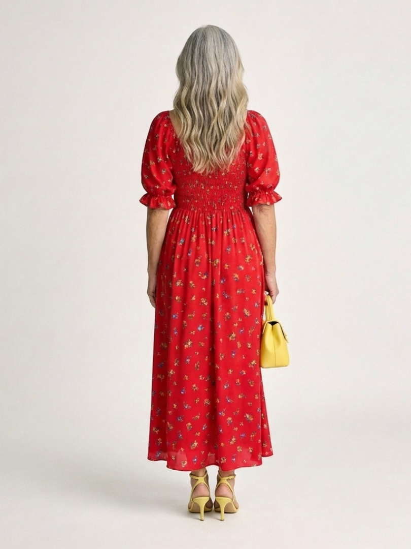 Delphine | Vestido midi floral com decote quadrado e mangas bufantes