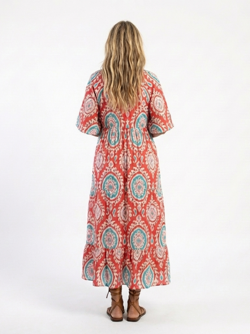 Zaria | Vestido midi de manga corta con estampado paisley y escote en V