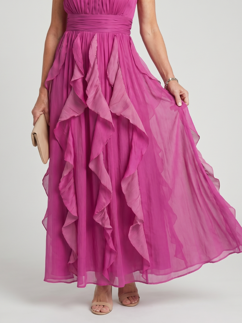 Orea | Vestido largo con volantes y frunces, de cuello alto