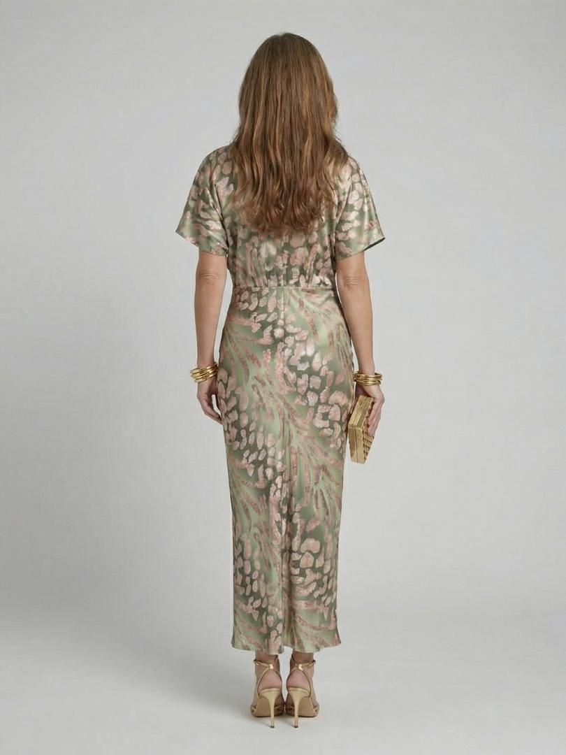 Coralie | Abito midi con stampa astratta, scollo a V e vita incrociata