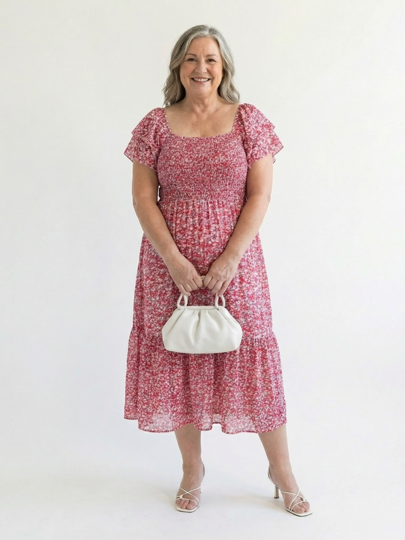 Odette | Vestido midi floral fruncido de hombros descubiertos