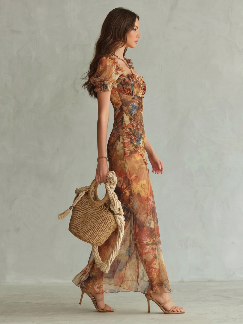 Ciel | Vestido midi com mangas bufantes, franzido e fenda
