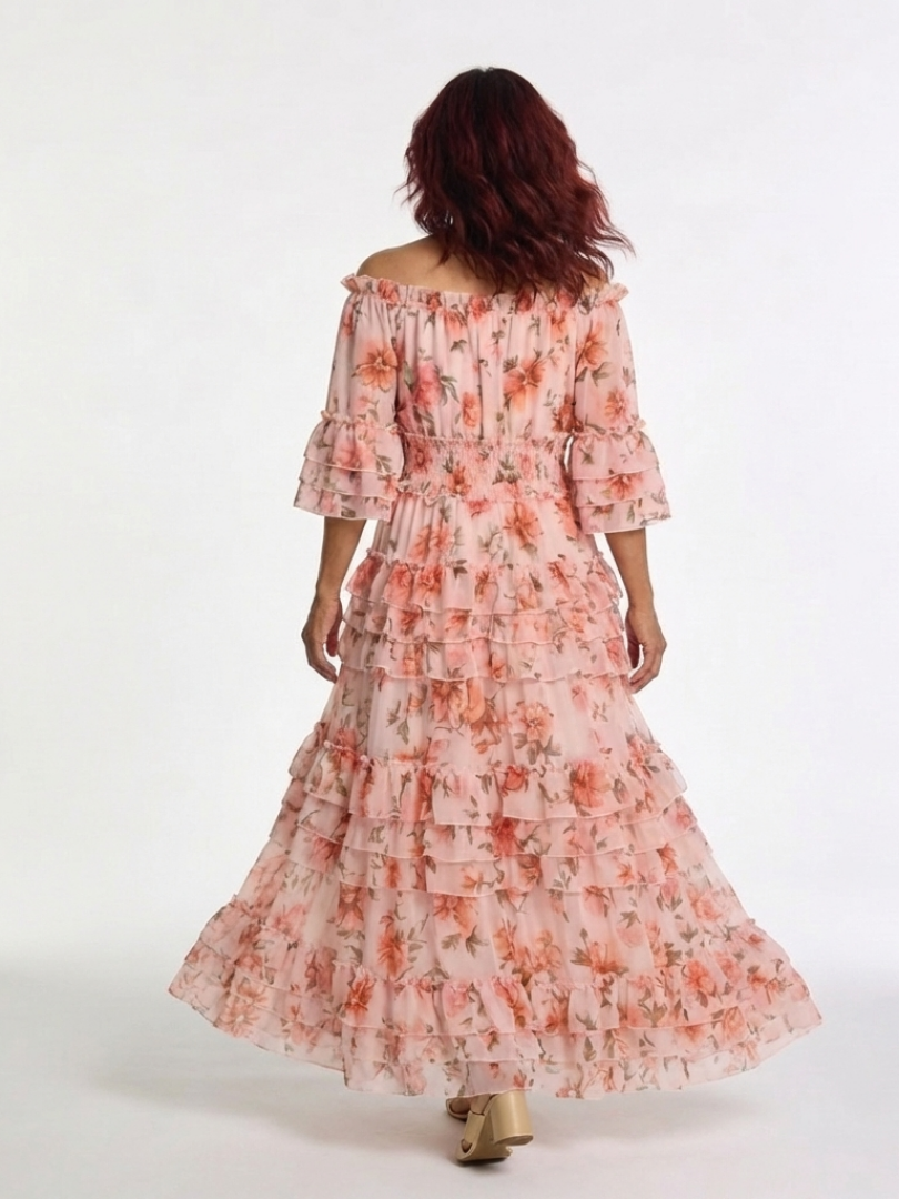 Rosalie | Vestido largo floral con volantes y capas de hombros descubiertos