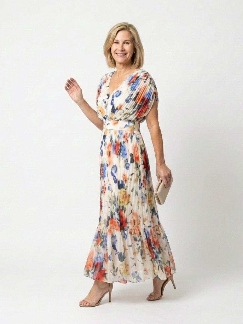Savannah | Geplooide midi-jurk met korte mouwen en bloemenprint