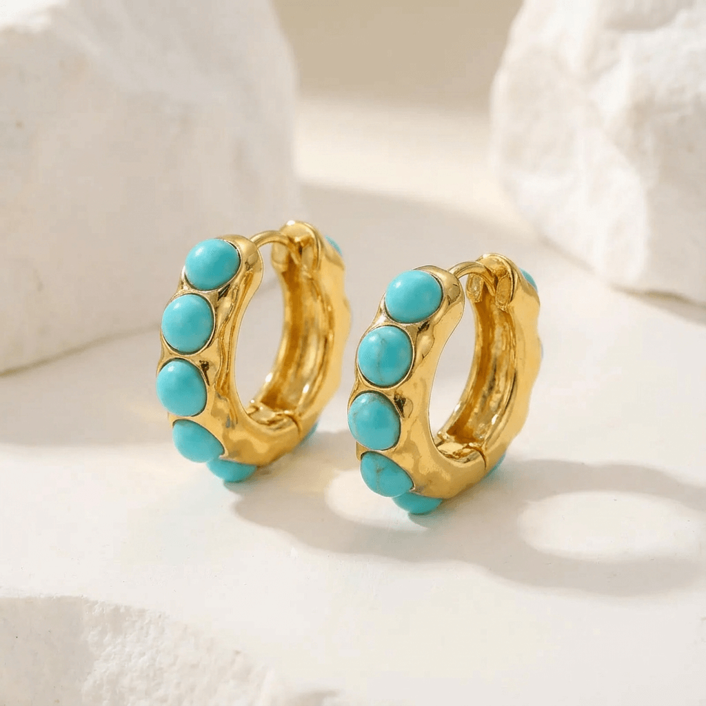 Bold Turquoise Stone Sculpted Hoop Earrings