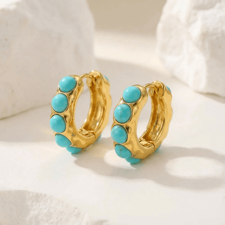 Bold Turquoise Stone Sculpted Hoop Earrings