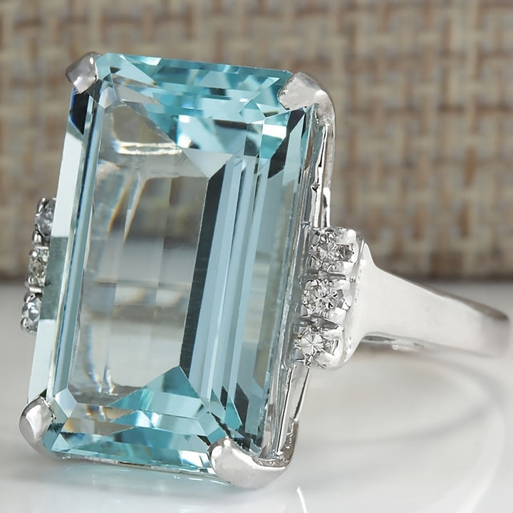Elegant Classic 4 Prong Square Sea Blue Gemstone Ring
