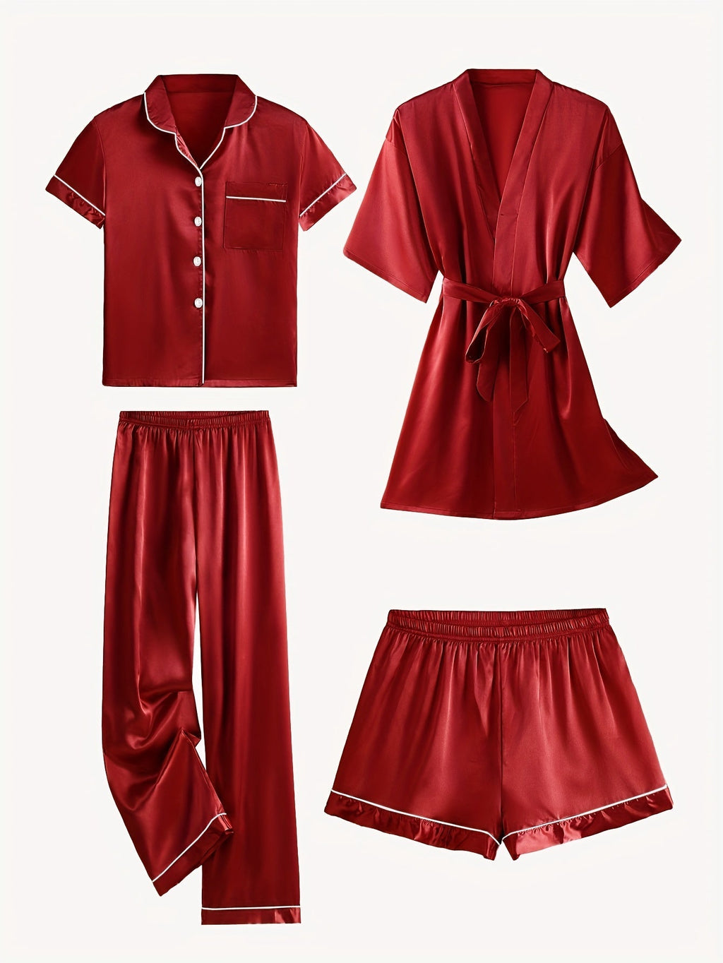 Juliette | 4-delige satijnen pyjamaset met effen print, halflange mouwen en badjas