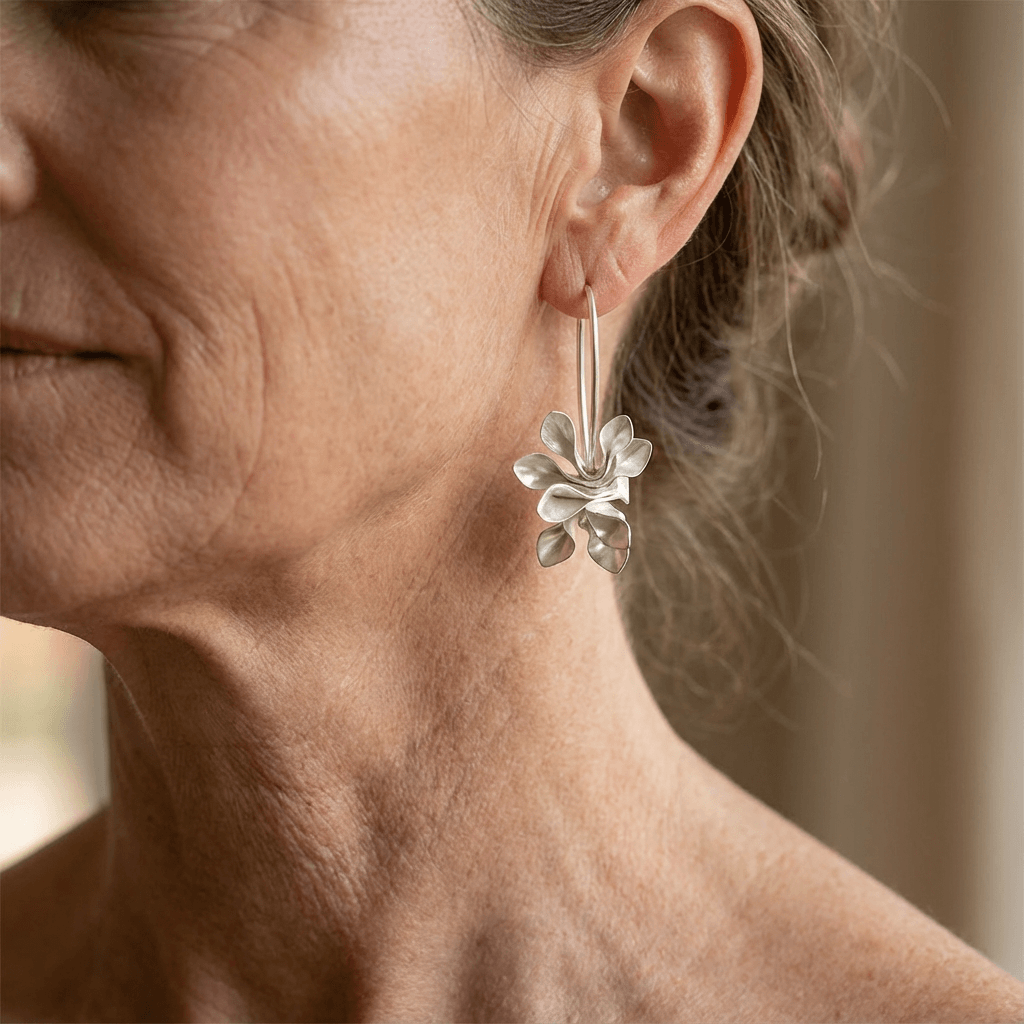 Elegant Silver Floral Hoop Drop Earrings