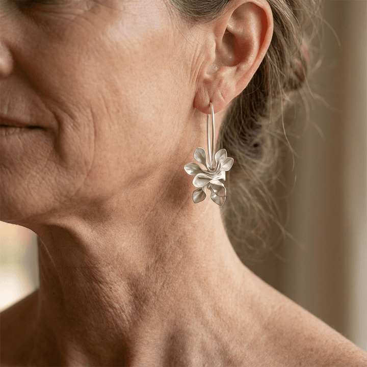 Elegant Silver Floral Hoop Drop Earrings