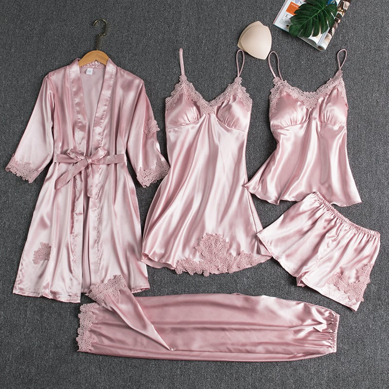 Rebecca | Conjunto de roupa de dormir de seda e renda com 5 peças