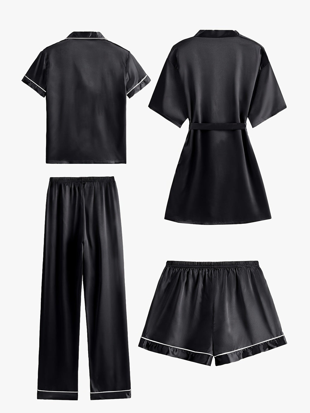 Juliette | 4-delige satijnen pyjamaset met effen print, halflange mouwen en badjas