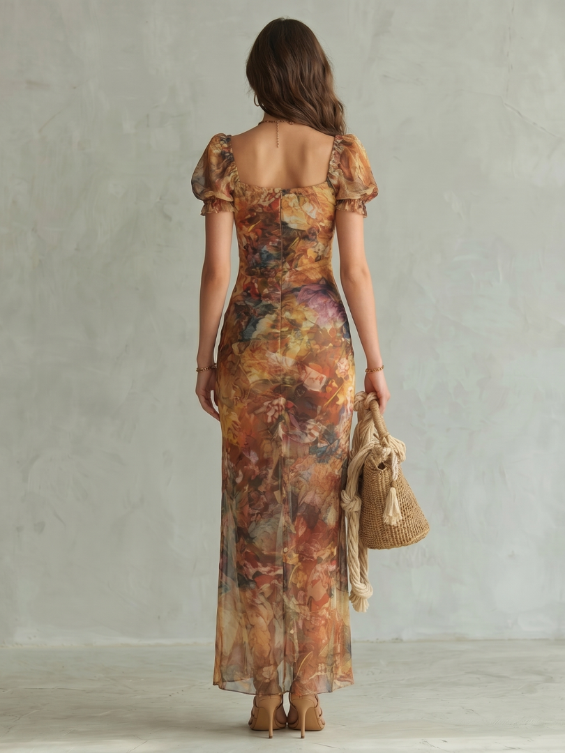 Ciel | Vestido midi com mangas bufantes, franzido e fenda