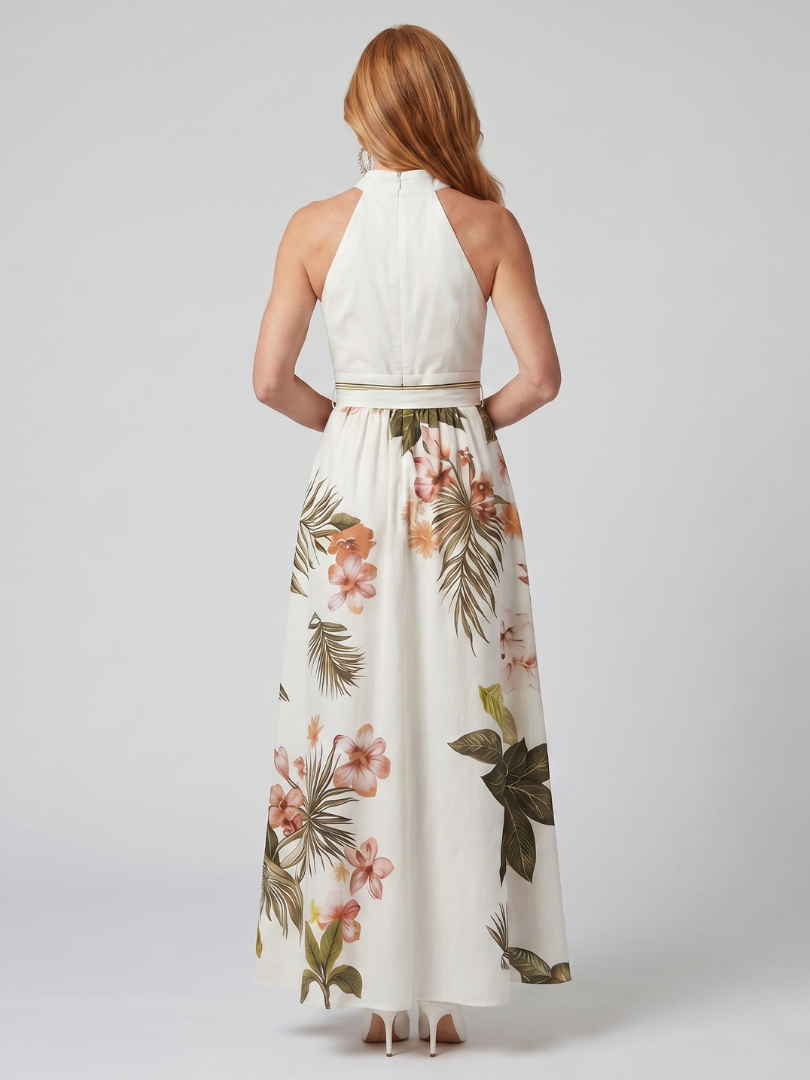 Meadow | Robe longue à panneaux botaniques drapés et licou
