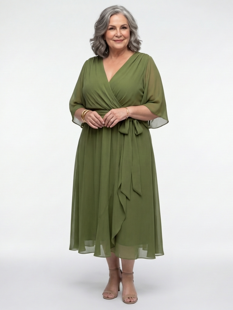 Elysia | Vestido midi con escote en V, cintura drapeada y lazo