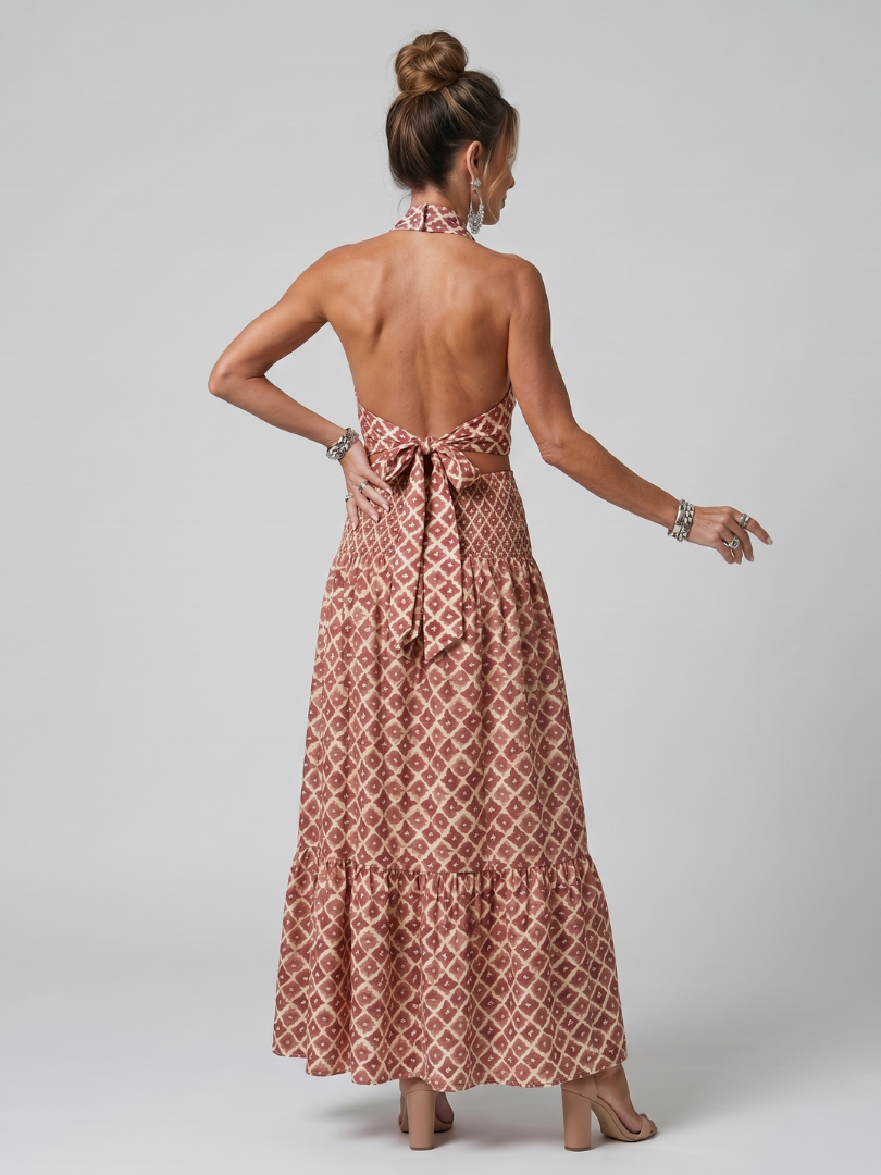Amira | Abito midi con scollo incrociato all'americana, stampa geometrica e cut-out