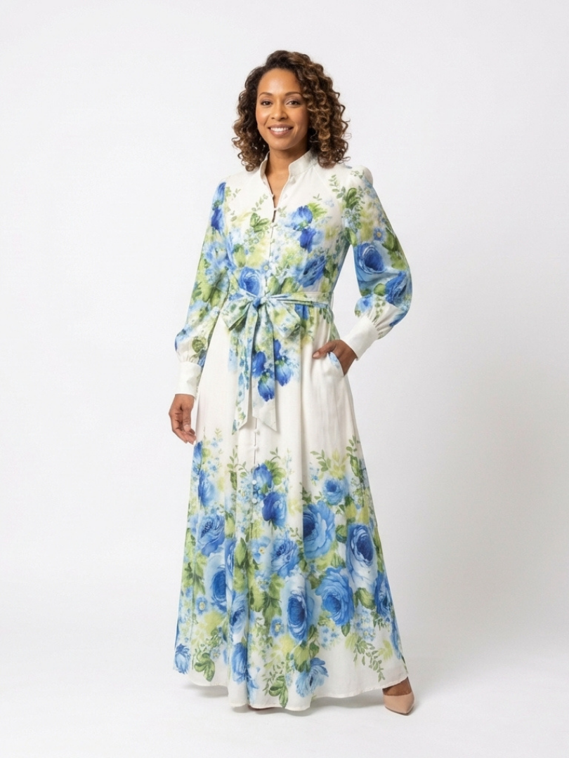 Harper | Vestido longo floral de mangas longas com botões frontais