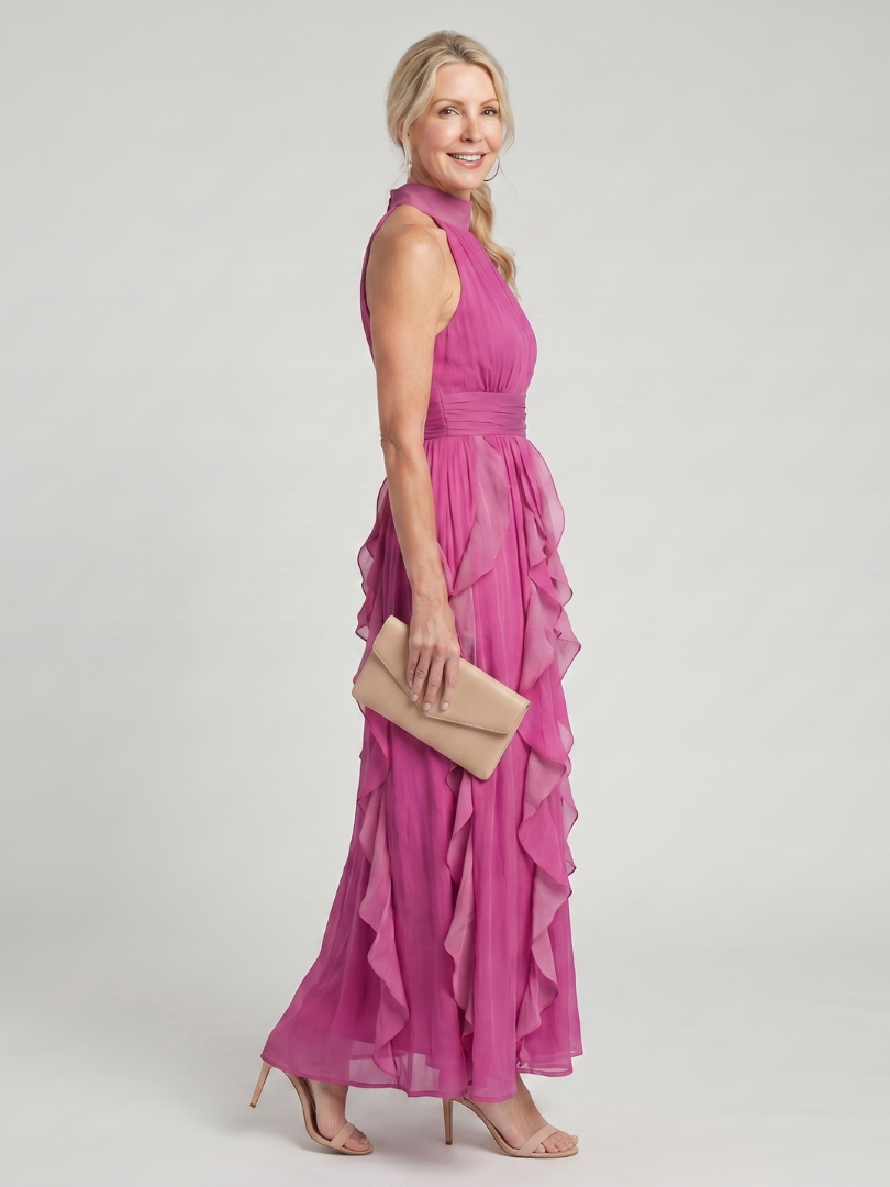 Orea | Vestido largo con volantes y frunces, de cuello alto