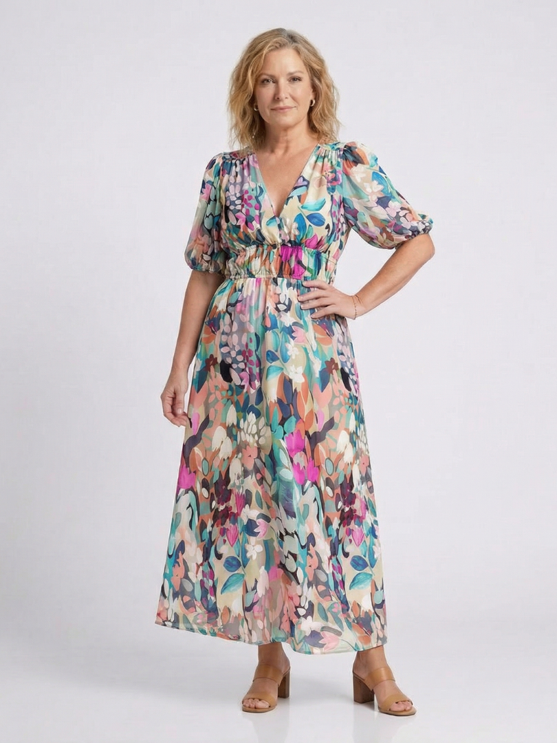 Eulalie | Vestido midi de manga corta, escote en V y cintura fruncida