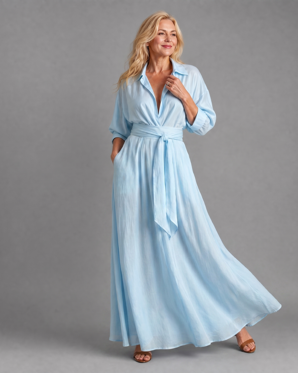 Zelith | Robe midi fluide à manches longues, col chemise et ceinture