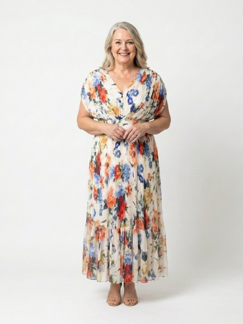 Savannah | Geplooide midi-jurk met korte mouwen en bloemenprint
