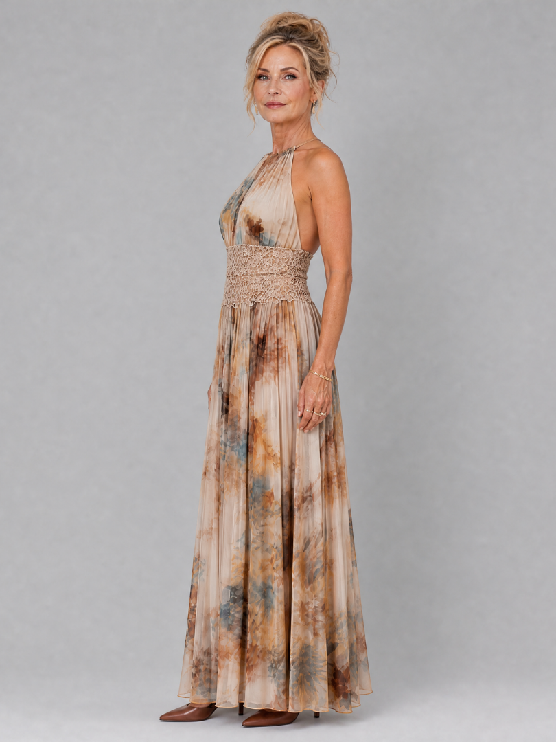 Elavenue | Vestido largo de encaje con cuello halter y cintura