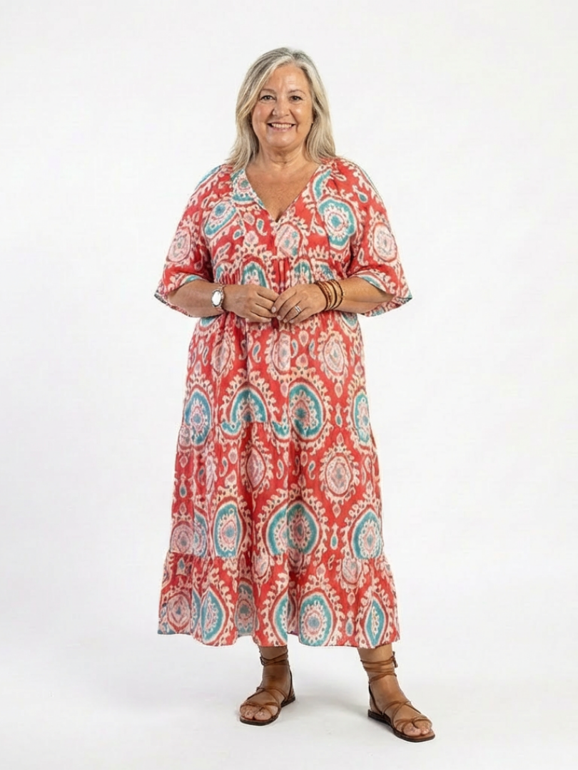 Zaria | Vestido midi de manga corta con estampado paisley y escote en V